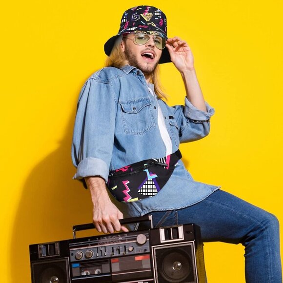 2 Pcs Retro Fanny Pack and Bucket Hat Set for Men Women Summer Outdoor